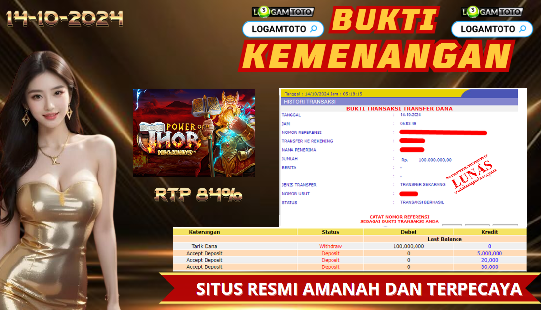 SELAMAT KEPADA MEMBER SETIA LOGAMTOTO BERHASIL JACKPOT DI PERMAINAN SLOT POWER OF THOR MEGAWAYS